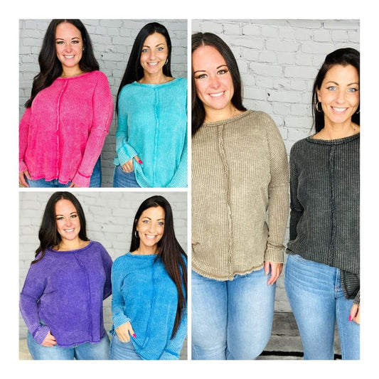 "Cozy Vibes" Washed Waffle Knit Long Sleeve Top - Reg/Plus (Multiple Colors)