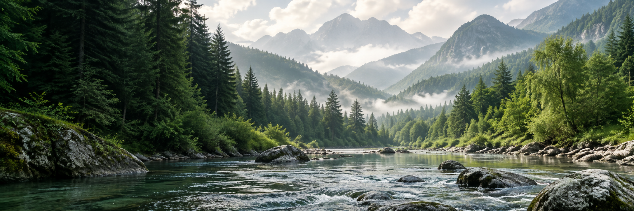 A green forest valley and river